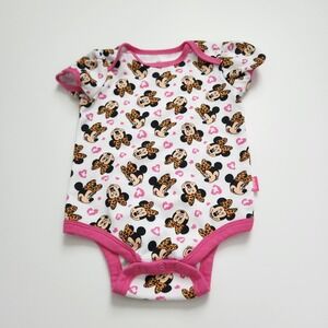 Disney Baby Girls Minnie Mouse Leopard Bow Pink Trim White Bodysuit onesie 6-9M